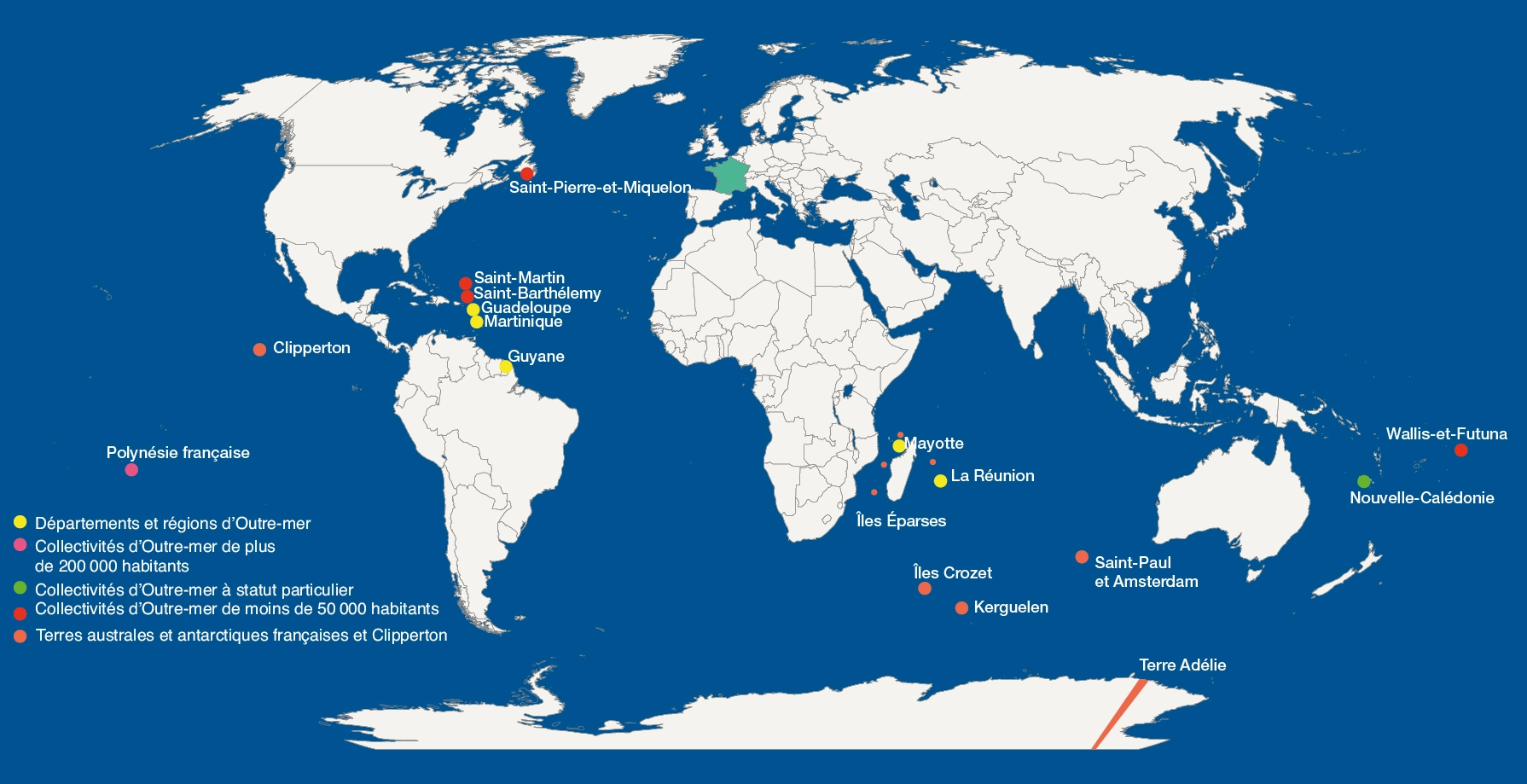 Carte de l'outre-mer français. Départements et régions d'Outre-mer : Guadeloupe, Martinique, Guyane, Mayotte, La Réunion ; Collectivités d'Outre-mer de plus de 200 000 habitants : Polynésie française ; Collectivités d'Outre-mer à statut particulier : Nouvelle-Calédonie ; Collectivités d'Outre-mer de moins de 50 000 habitants : Saint-Martin, Saint-Barthélemy, Saint-Pierre-et-Miquelon, Wallis-et-Futuna ; Terres australes et antarctiques françaises (Îles Éparses, Îles Crozet, Kerguelen, Saint-Paul et Amsterdam, Terre Adélie) et Clipperton. Source : Institut national d'études démographiques